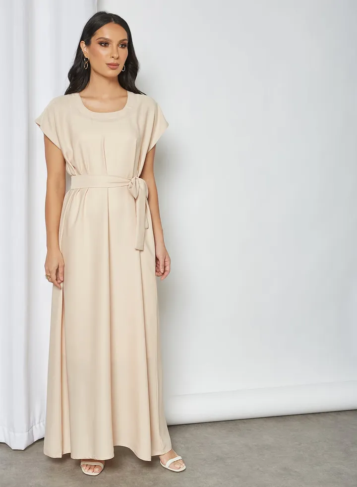 Stylish Belted Maxi Dress Beige