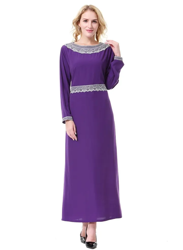 Women's Boat Neck Long Sleeve Maxi Dress With Lace Trim Purple/White
