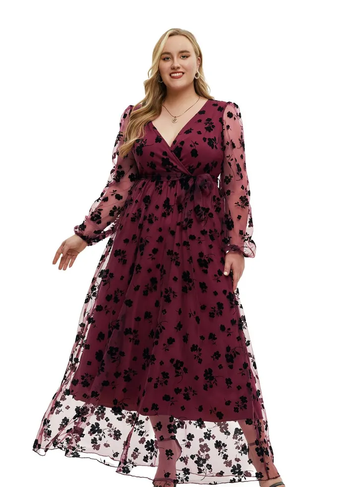 New V-neck Long sleeved Lace Up Dress Red