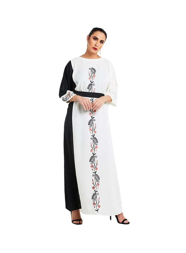 Embroidered Boat Neck Maxi Dress White/Black