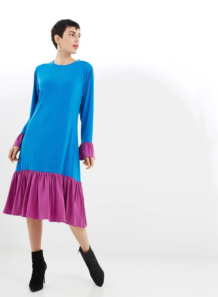 Bell Sleeves Midi Dress Blue/Pink