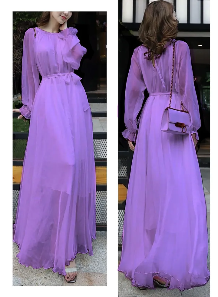 Women's Dresses,Dresses for Women Stylish Party,Long Sleeve Chiffon Maxi Dress Pleated Bohemian Long Dresses