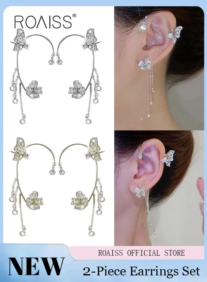 2 Pair Of Earrings for Women Sweet Exquisite Sparkling Crystal Butterfly Tassel Earring Jewelry Butterfly Wings Flower Ear Wings Earrings Gift for Ladies Girls