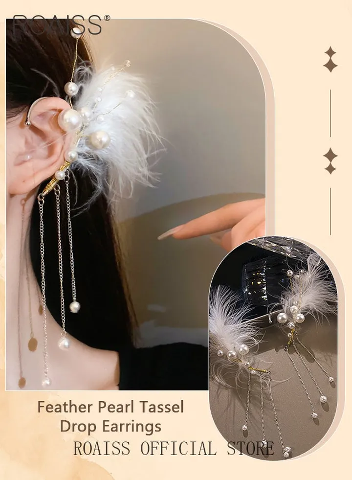 Women Ear Cuff Earrings Bridal Non Pierced Ear Cuff with Tassel Chain Design Combining Feather and Pearl Elements Personalized and Fashionable Suitable for Formal and Casual Occasions