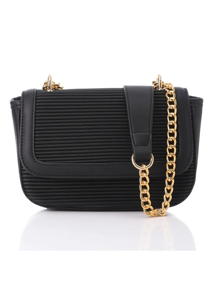 Black Ribbed Full Black Leather Double Chain Handled Crossbody Bag