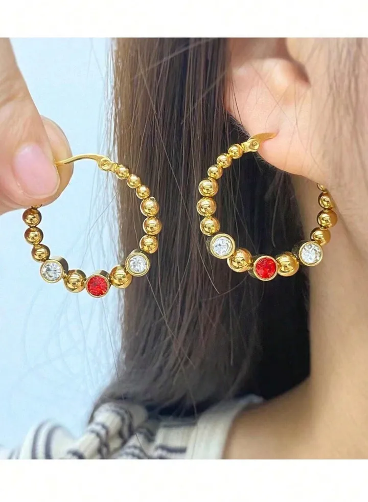Elegant Stainless Steel Gold Plated Hoop Earrings For Women Inlaid With Zirconia