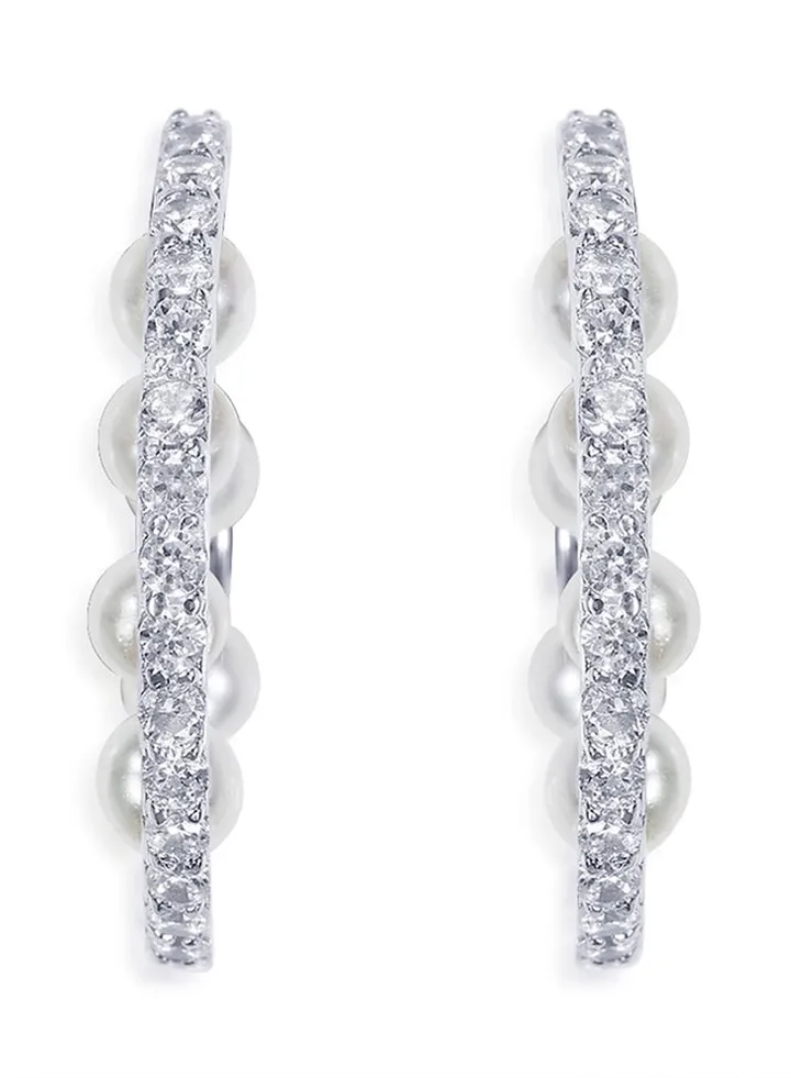 925 Sterling Silver Pearl Spike Cubic Zirconia Earrings