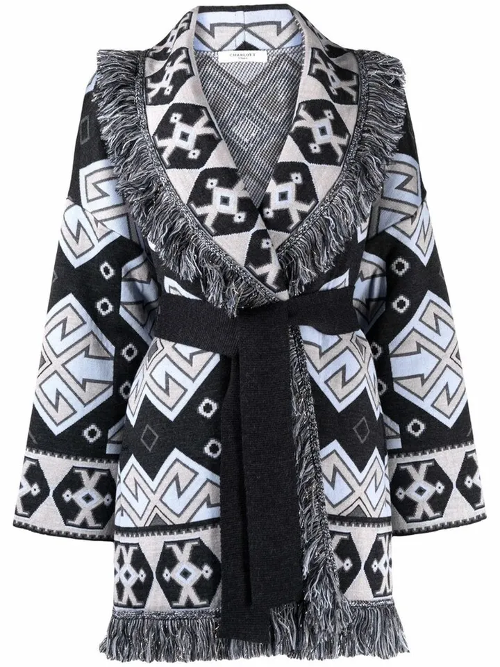 Geometric-Pattern Fringed Wool Coat