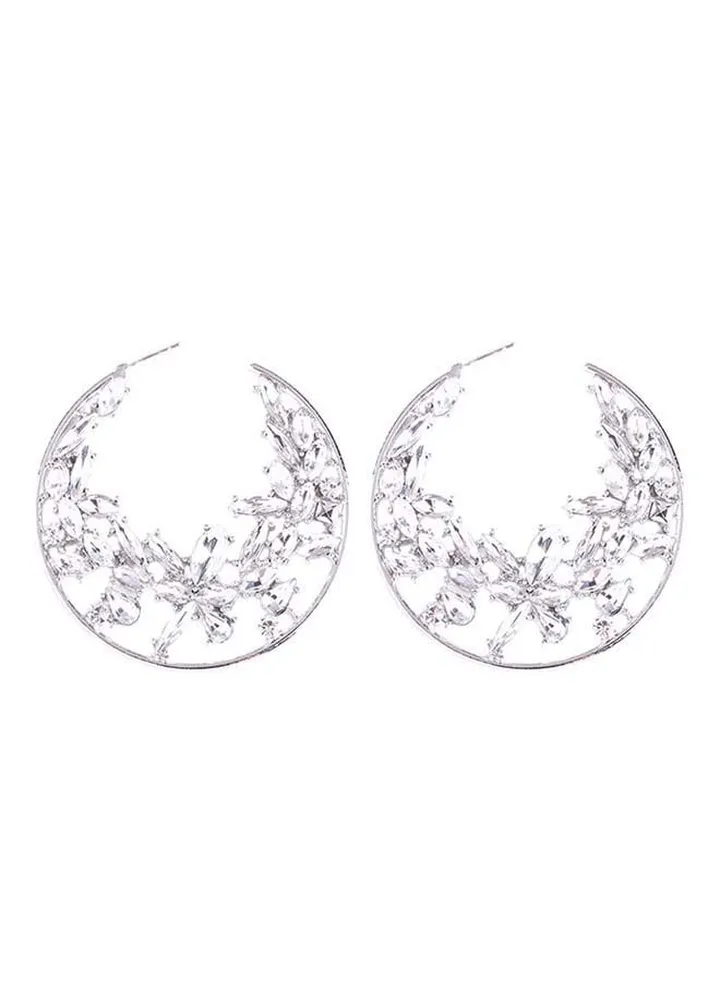 Stone Studded Hoop Earrings Silver/White