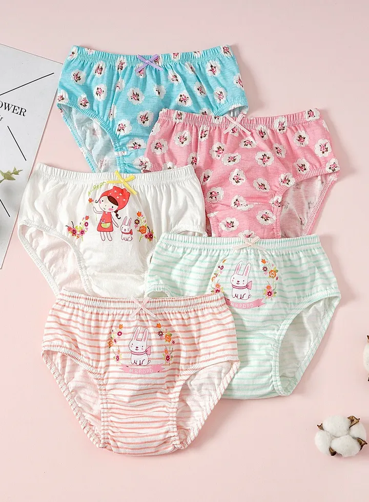 Pack Of 5 Girl Briefs Pure Cotton Cute Rabbit Cartoon Children Triangle Pants