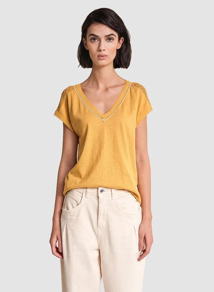 Lace Yoke Shoulder Top Yellow