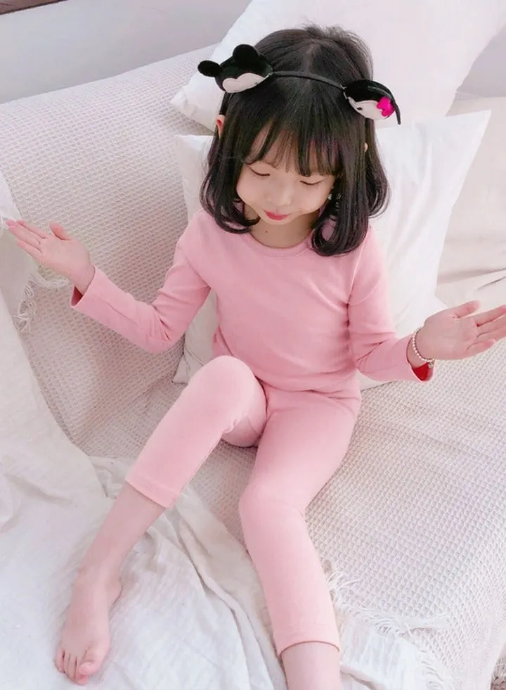 Kids Solid Color Thermal Underwear Set Cotton Soft Long Johns Base Layer Top & Bottom Children's Pajama Set Pink