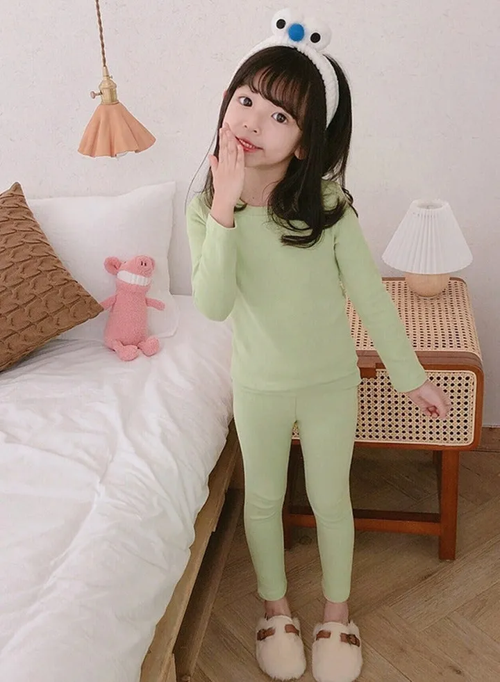 Kids Solid Color Thermal Underwear Set Cotton Soft Long Johns Base Layer Top & Bottom Children's Pajama Set Light Green