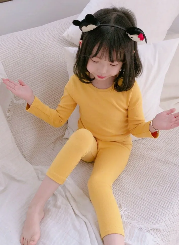 Kids Solid Color Thermal Underwear Set Cotton Soft Long Johns Base Layer Top & Bottom Children's Pajama Set Ginger