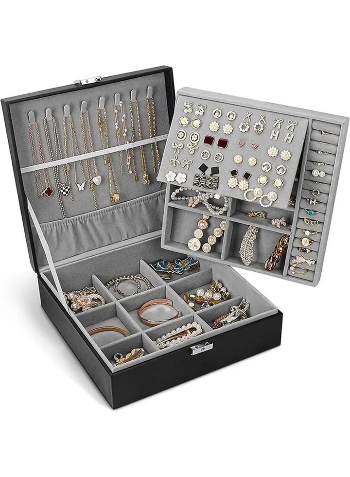 Universal Jewelry Box for Men and Women 2-layer Large Jewelry Storage Box with Lock Necklace Bracelet Earring Ring Jewelry Storage Box Black