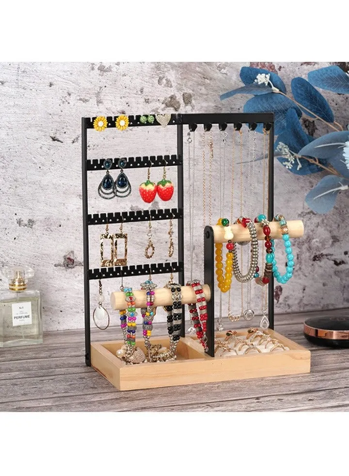 Jewelry Organizer Stand Necklace Holder, 4 Tier Necklace Holder Stand with Wooden Tray, Jewelry Holder Stand for Rings Earrings Necklaces Bracelets, White Jewelry Stand (Black)