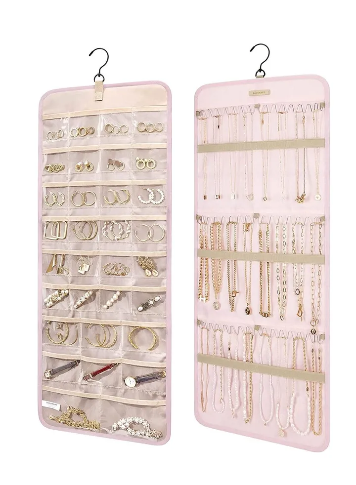 Hanging Jewelry Organizer Storage Roll with Hanger Metal Hooks Double-Sided Jewelry Holder for Earrings, Necklaces, Rings on Closet, Wall, Door, 1 piece, Large (Pink)