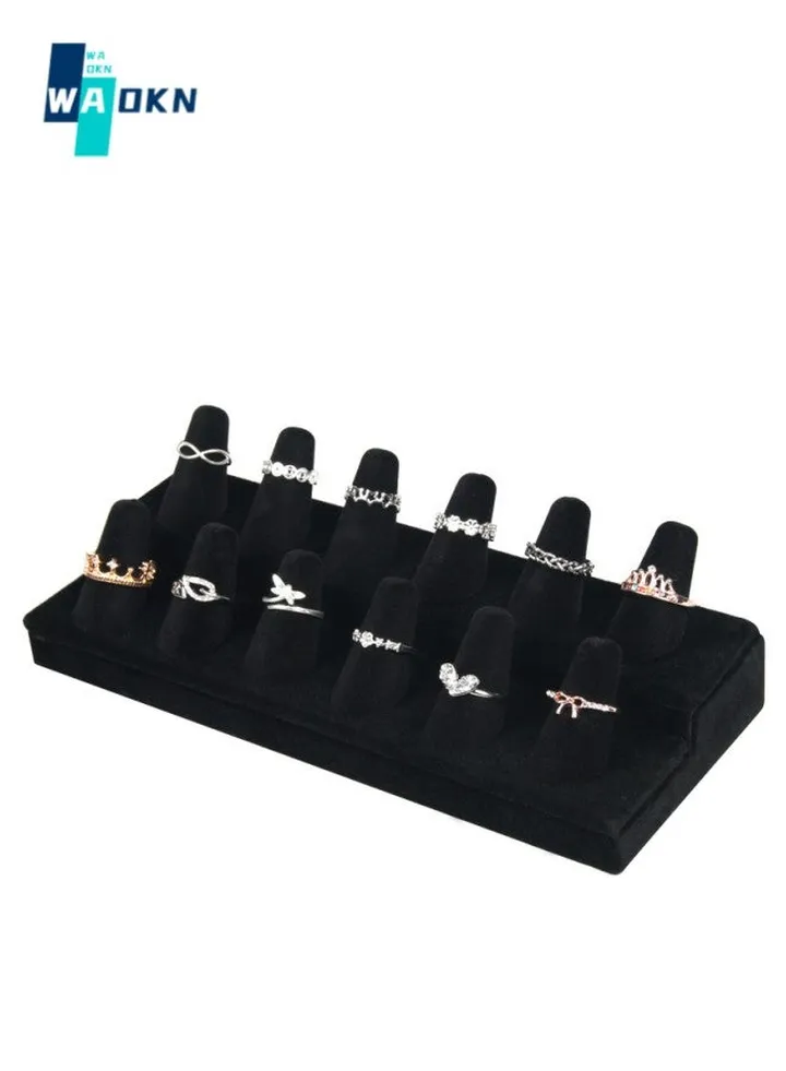 12 Fingers Ring Display Stands, Black Velvet 2 Step Ring Organizer, Showcase Display Drawer Ring Storage Jewelry Display Stands for Shows