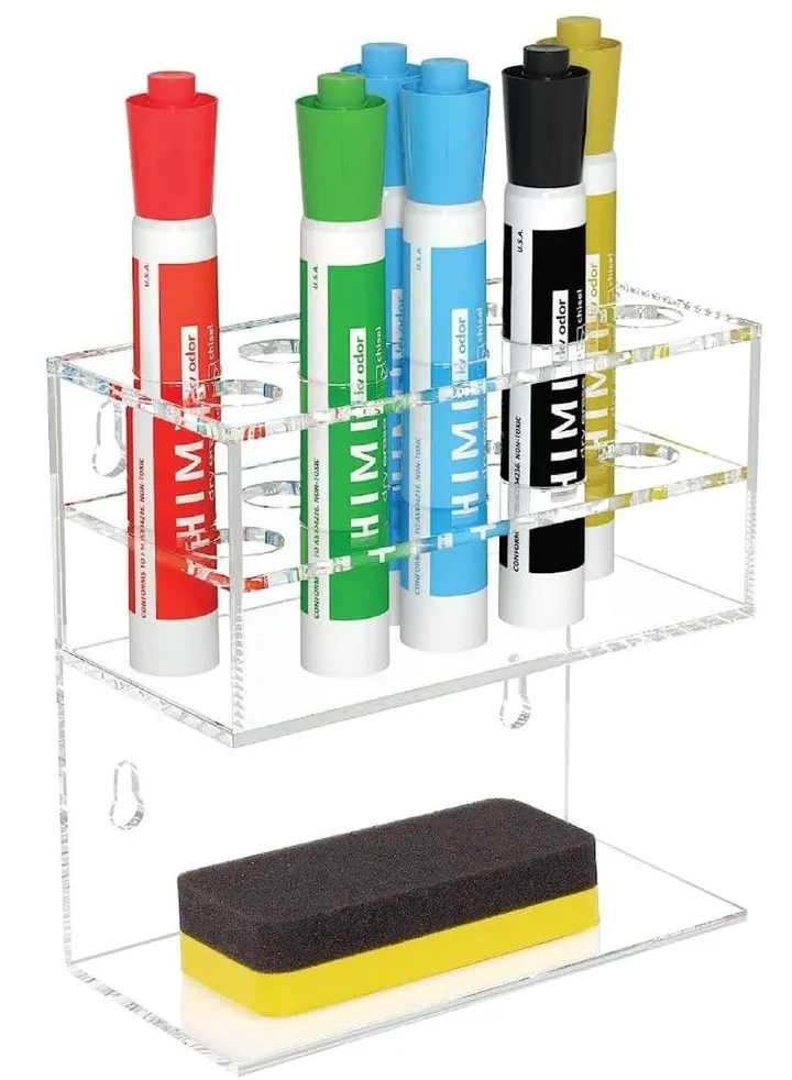 Dry Erase Marker Holder for Whiteboard, Wall Mounted 2-Tier 10-Slot Clear Acrylic Marker Organizer Stand for School Office Home