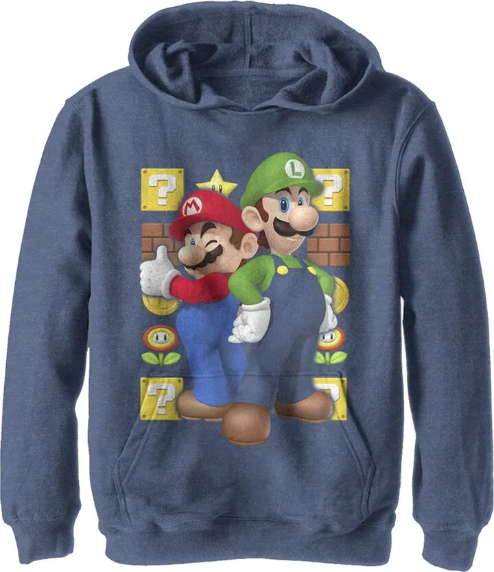 Boy's Nintendo Mario and Luigi Pull Over Hoodie - Navy Blue Heather - Small