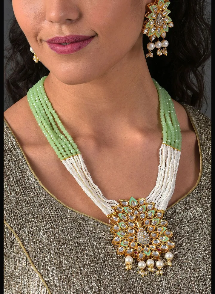 Gold Plated Designer Stone Pearl Necklace and Earrings Set
