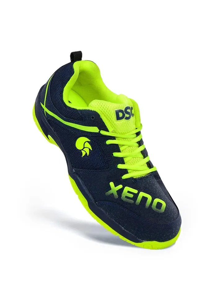 Xeno Badminton Shoes (Navy/Fluro - Yellow, 11 UK / 12 US / 45 EU) | For Men and Boys | With Natural Crape Rubber Non Marking Outsole