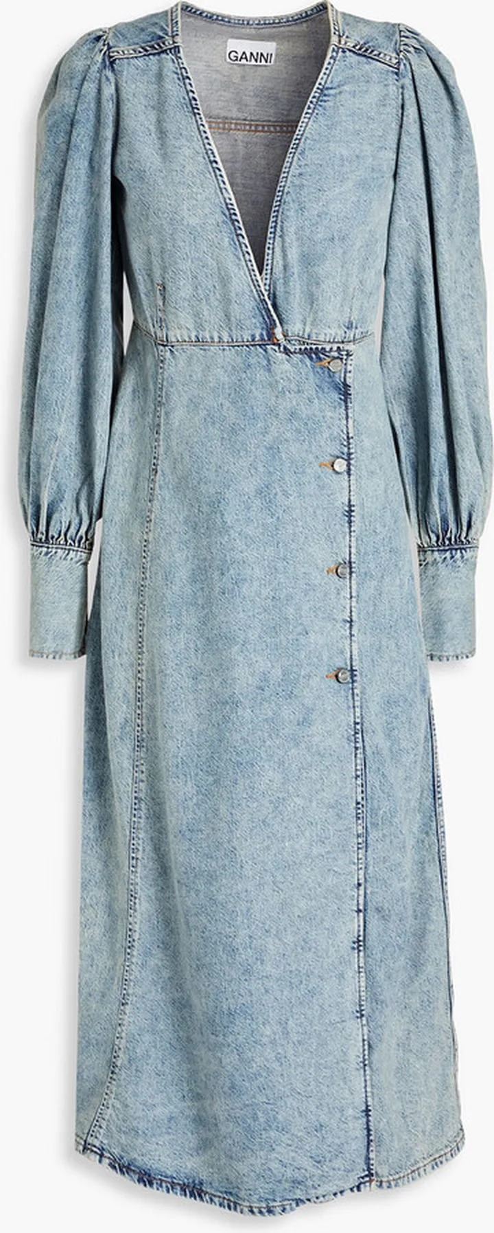 Faded denim midi wrap dress