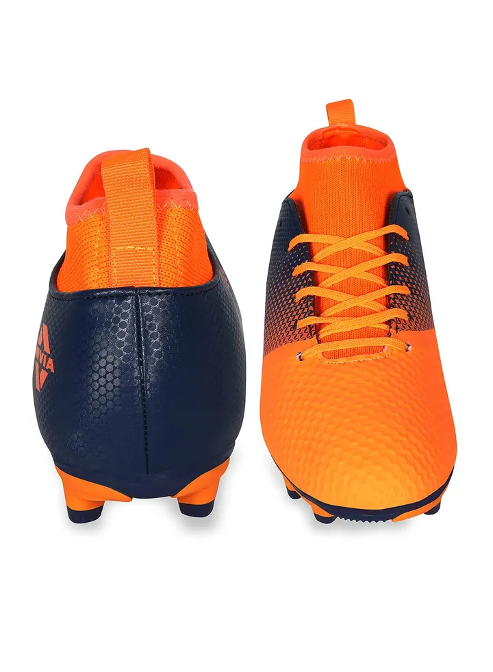 Ashtang Football Stud for Kids | TPU Sole with PU Synthetic Leather | A Moulded Removable E.VA | Pre-Molded TPU Light Weight Insole | Ideal for Hard and Grassy Surfaces (Black,Orange) UK-3