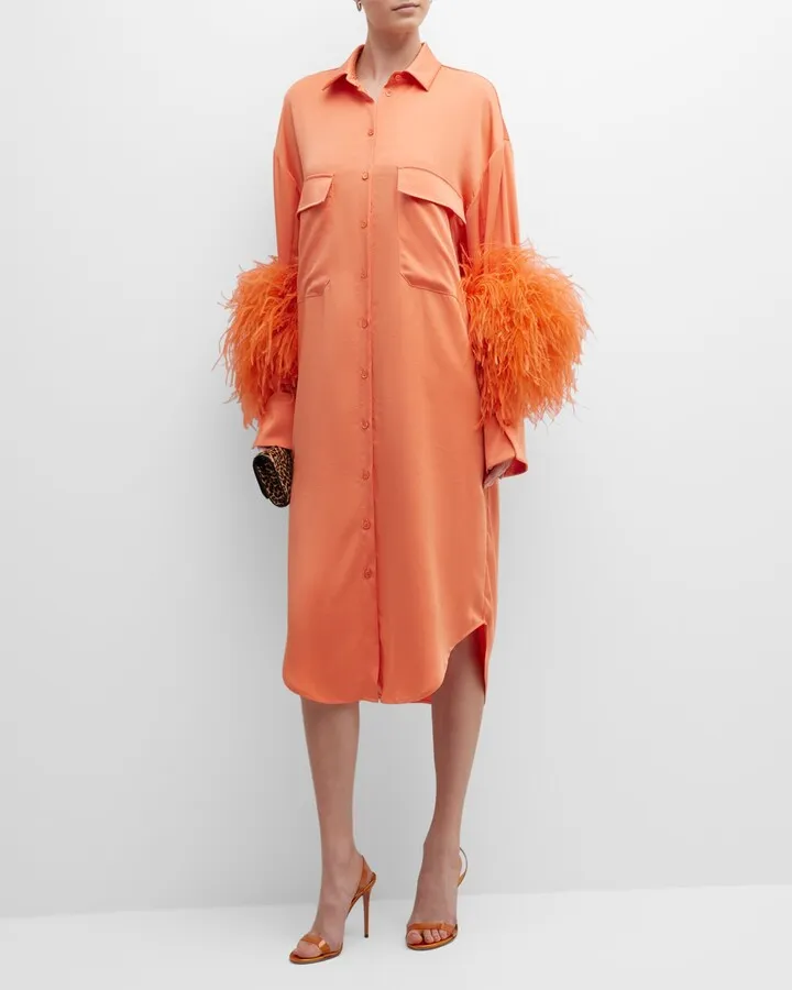 Feather-Trim Textured Satin Midi Shirtdress