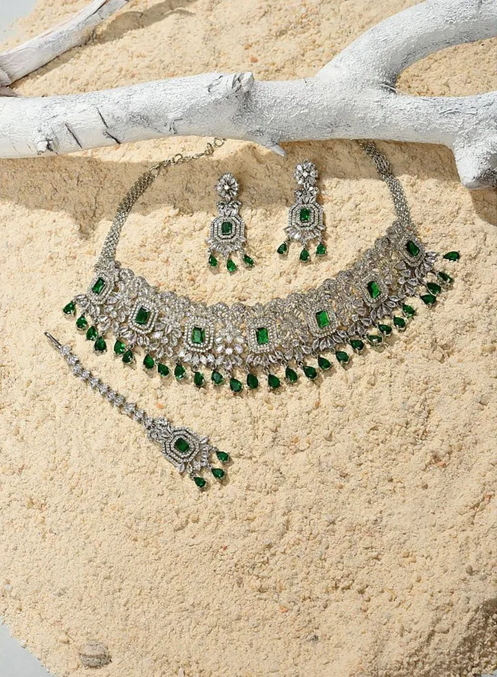 Silver Plated Designer Stone Necklace, Earrings and Maang Tikka Set Jewellery Set
