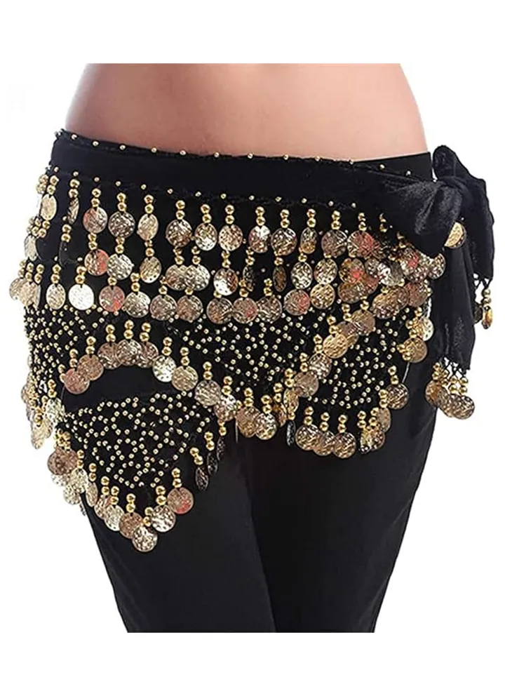 Women Belly Dance Hip Scarf Gold Coins Belly (Black), M