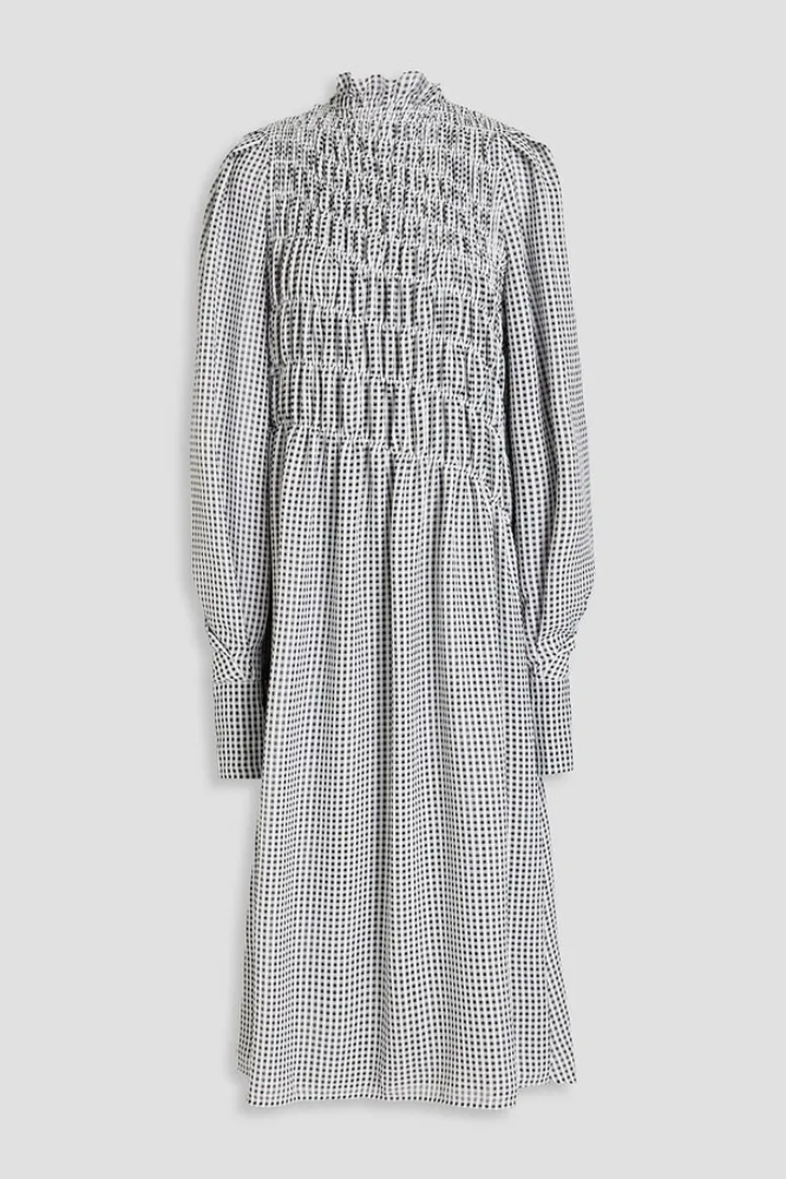 Shirred gingham seersucker midi dress
