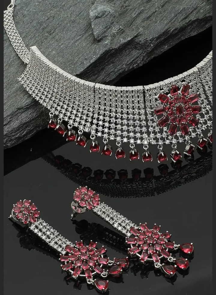 Silver Plated American Diamond and Designer Stone Necklace and Earring Set