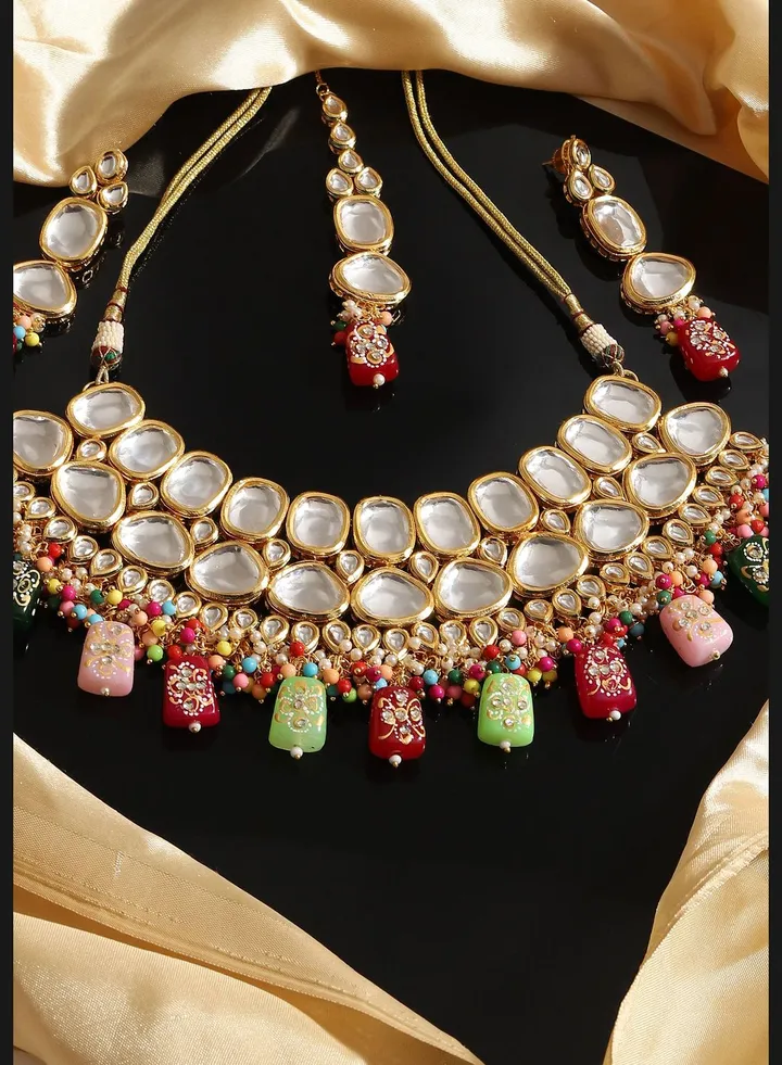 Gold Plated Designer Kundan Party Necklace, Earring and Maang Tikka Set For Women