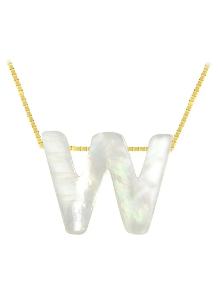 18 Karat Gold W Letter Mother Of Pearl Pendant Necklace