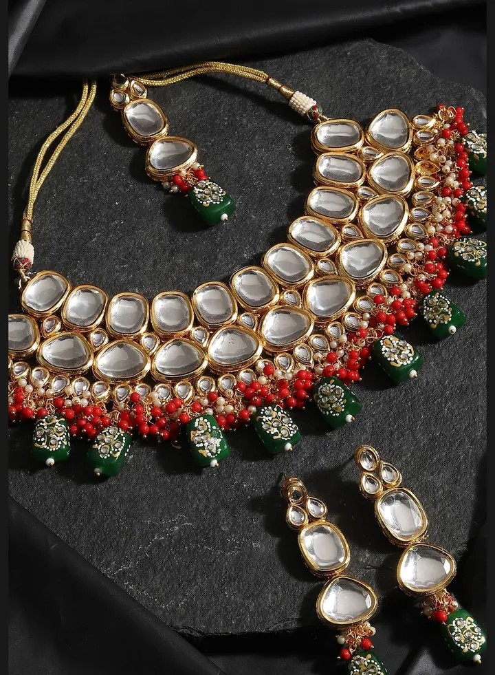 Gold Plated Designer Kundan Party Necklace, Earring and Maang Tikka Set For Women