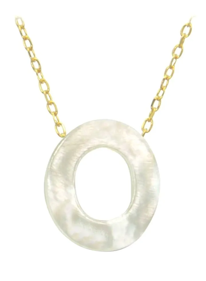 18 Karat Gold O Letter Mother Of Pearl Pendant Necklace