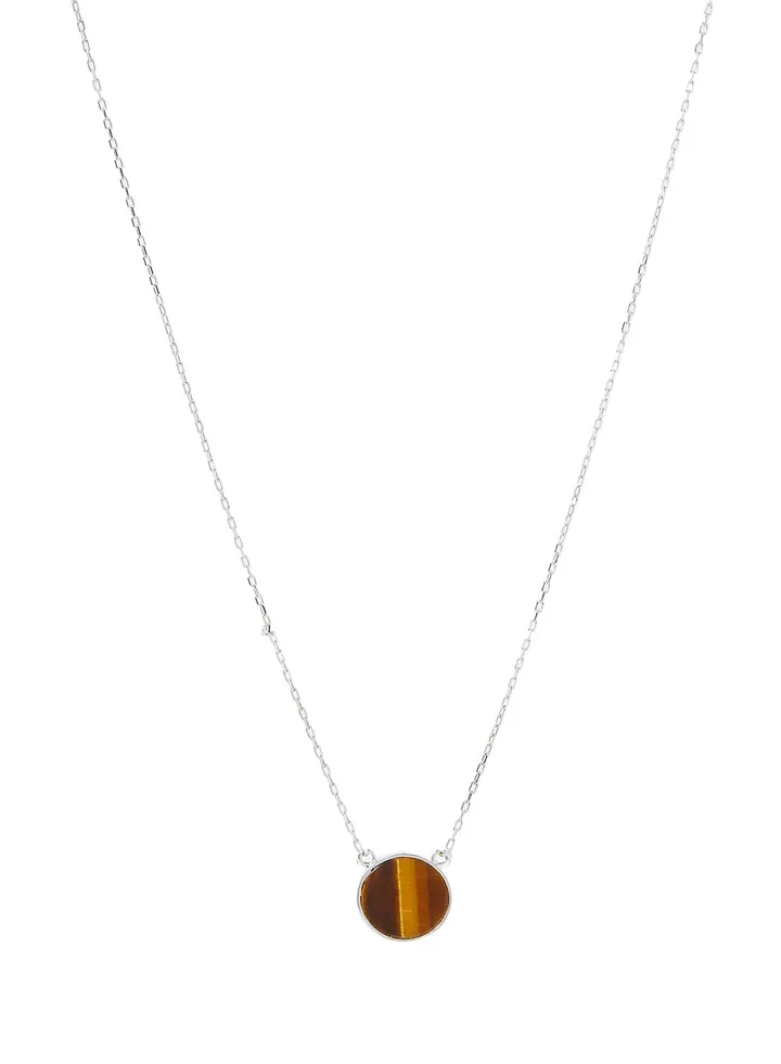 18 Karat White Gold Tiger Eye Single Stone Necklace