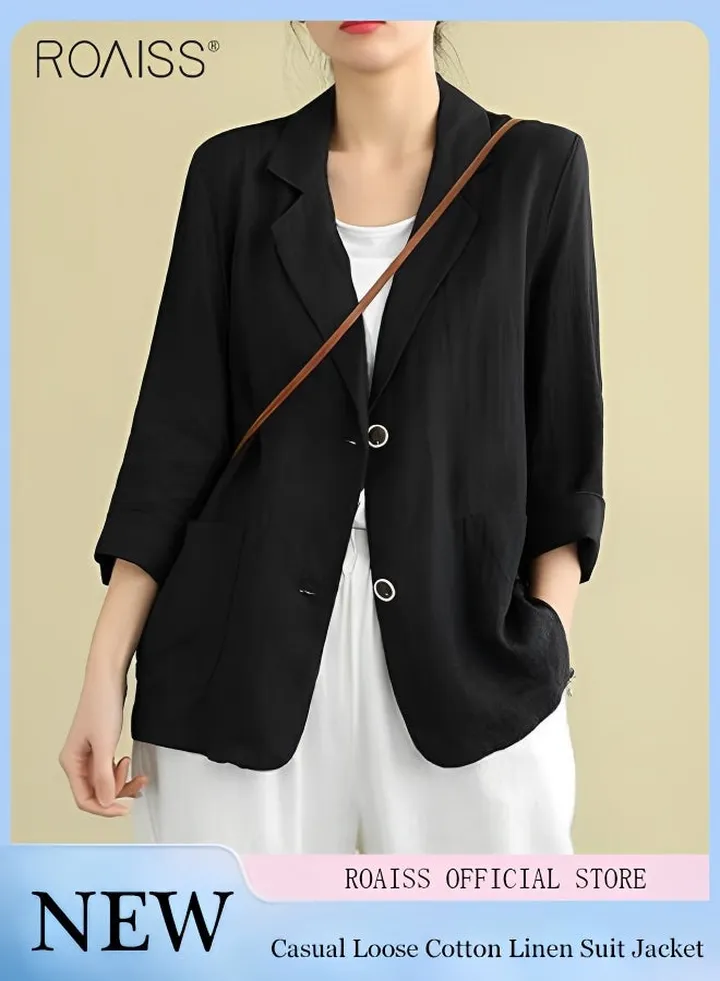 Women's Lightweight Cotton Linen Blazer Fashionable Casual Loose Long Sleeve Top