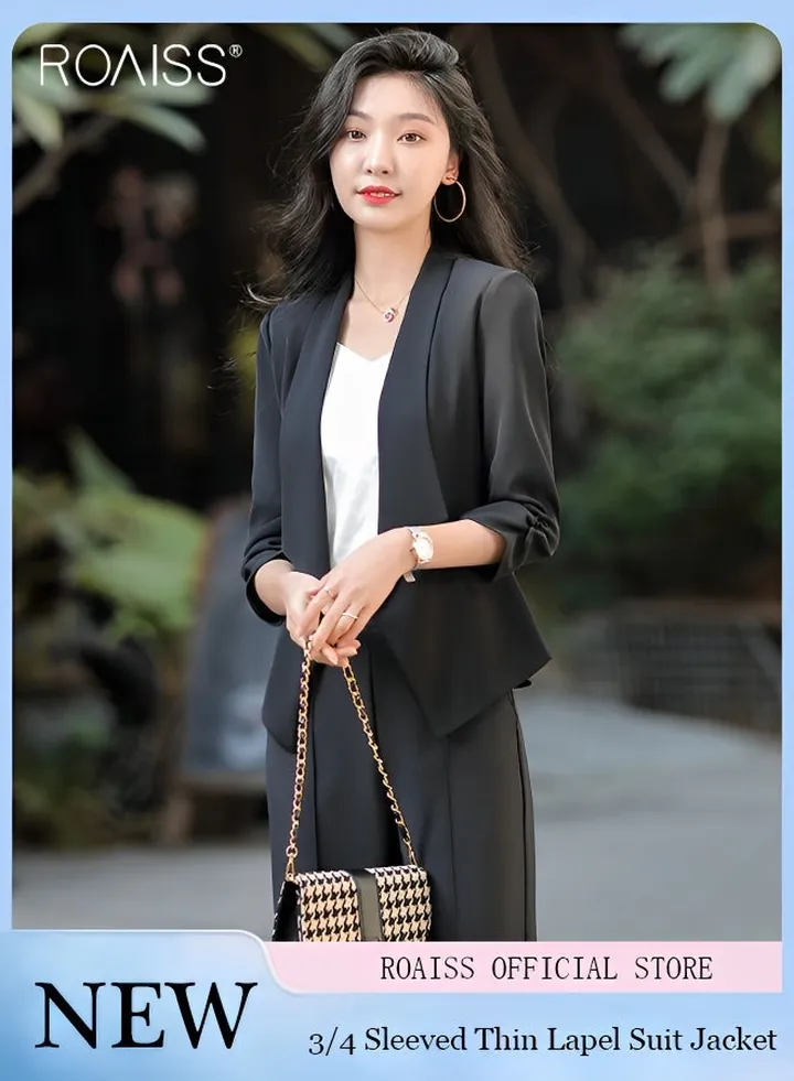 Women's 3/4 Sleeve Lightweight Jacket Slim Fit Lapel Blazer Fashionable And Versatile Crop Top