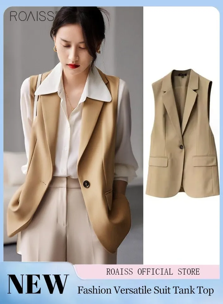 Women'S Fashion Casual Blazer Vest Classic V-Shaped Lapel Sleeveless Design Side Flap Pockets With Button Closure