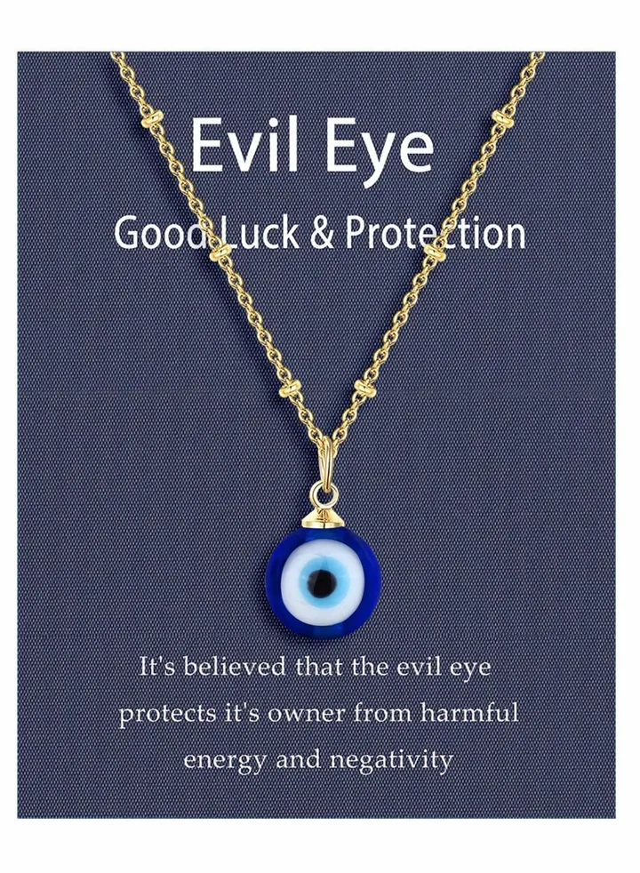 Eye Pendant Necklace Third Blue Eyes for Women Men Girls (Gold)