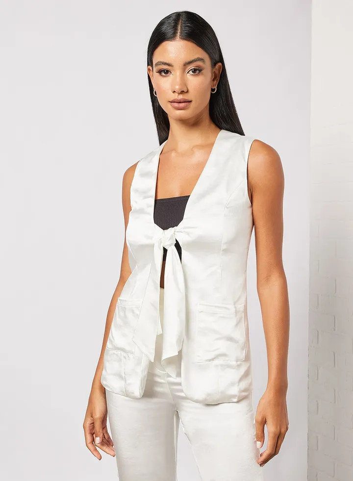 Tie-Front Sleeveless Blazer White
