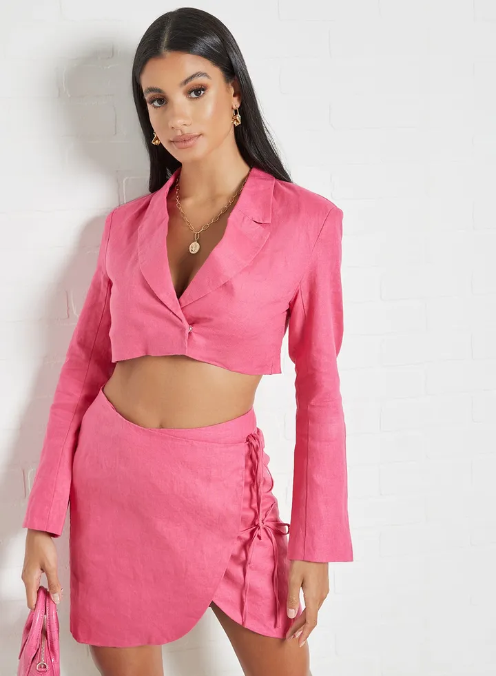 Cropped Linen Blazer Pink