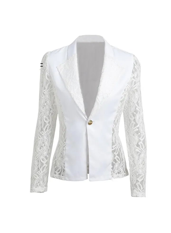 Autumn Blazer Jacket Lace Splicing Long Sleeves Slim Suit One Button Casual Coat Work Wear White