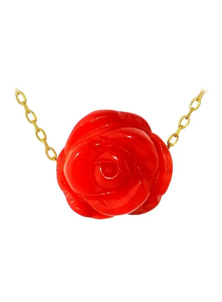 18 Karat Yellow Gold Rose Carved Coral Necklace