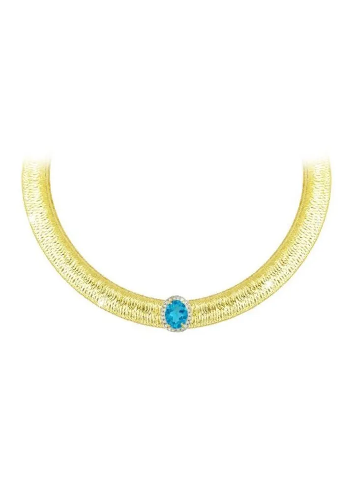 18k Gold 10mm Genuine Oval Cut Swiss Blue Topaz 0.12Ct Genuine Diamonds Necklace