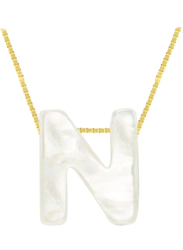 18 Karat Gold N Letter Mother Of Pearl Pendant Necklace
