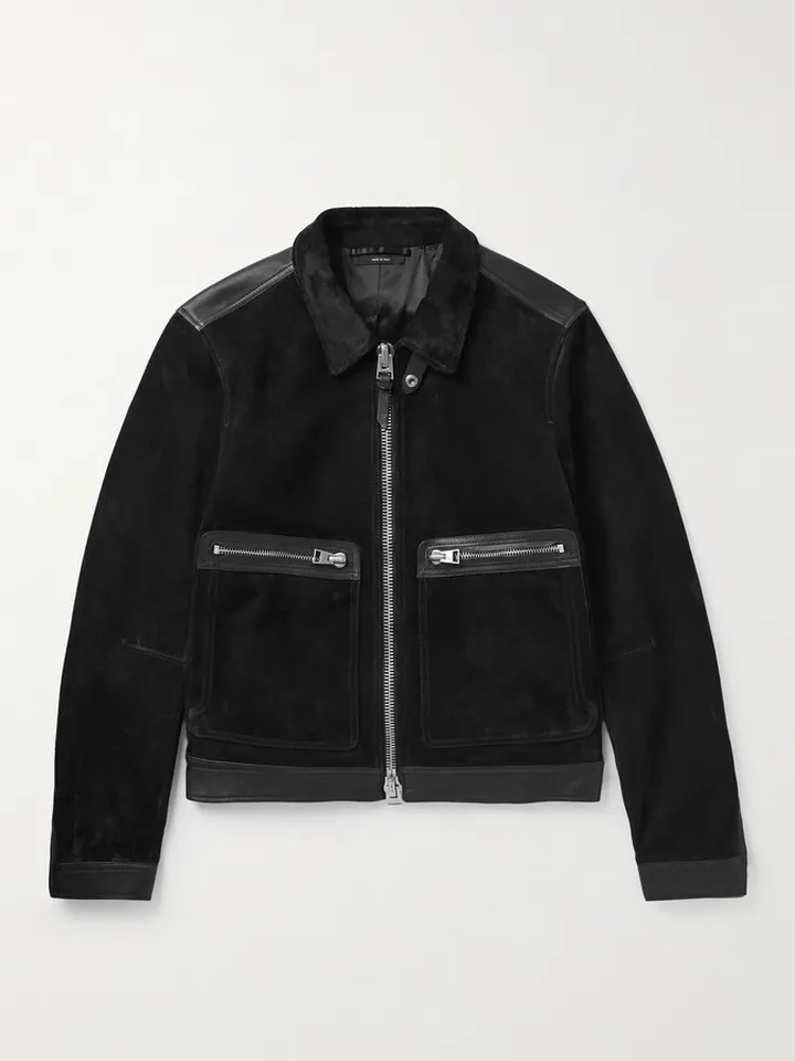 Leather-Trimmed Suede Bomber Jacket