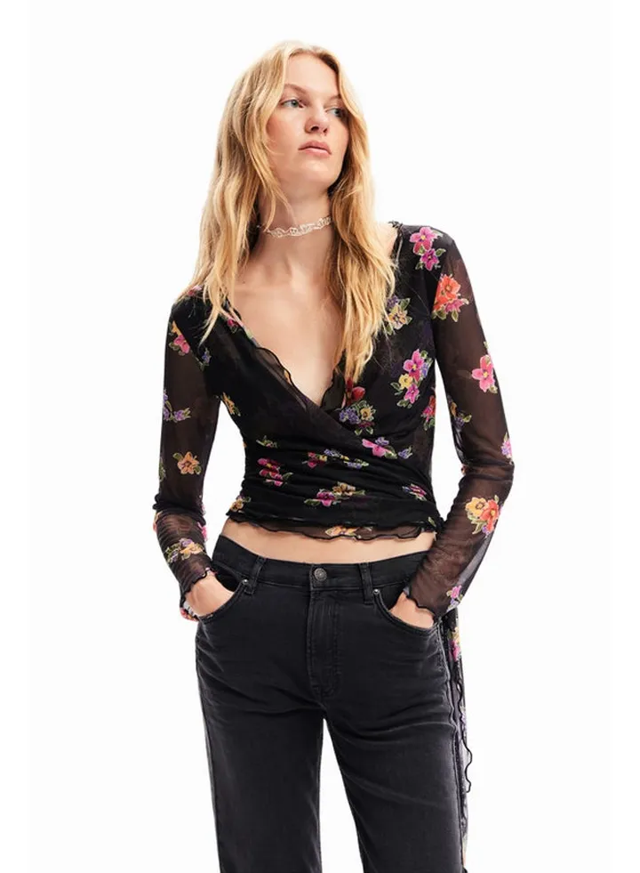 Wrap floral tulle blouse